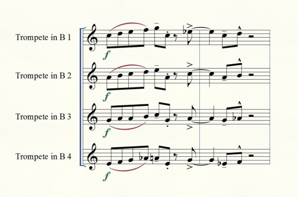 4 Notensysteme mit Noten für Trompete