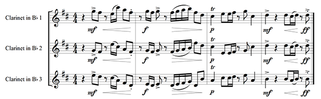 Dynamik und andere Zeichen wurden in die zweite und dritte Stimme kopiert.