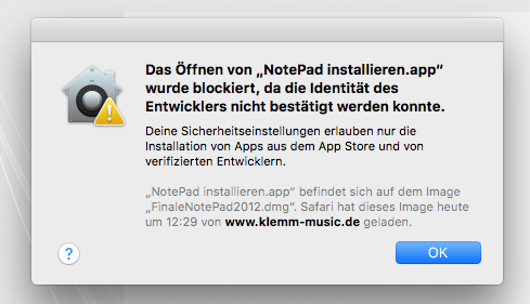 Fehlermeldung beim Versuch, NotePad 2012 unter OS X Sierra zu installieren