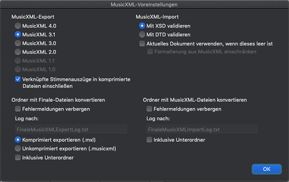 Die MusicXML-Voreinstellungen